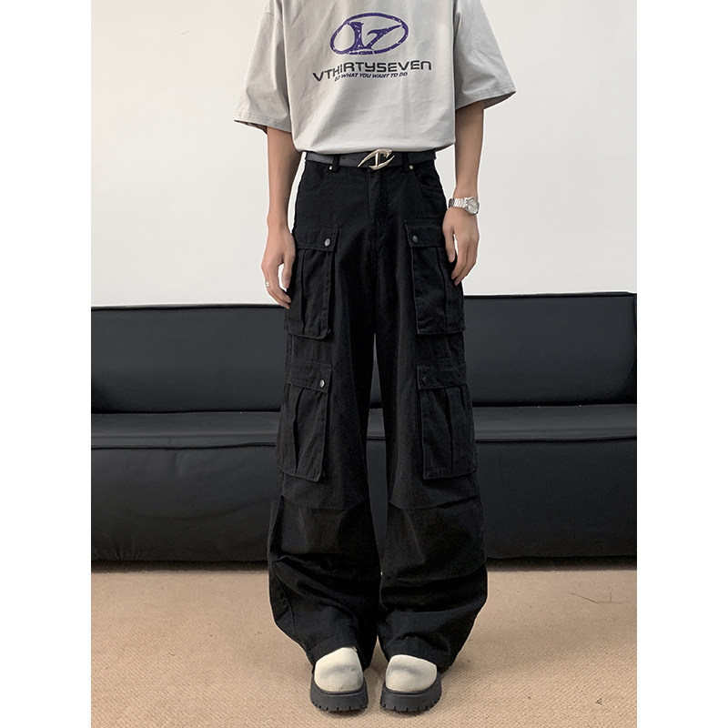 美式复古大口袋牛仔工装裤复古高街直筒阔腿宽松休闲裤子潮P65图片