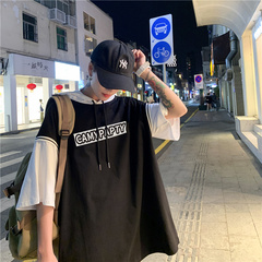 Hong Kong style summer men's 5 / 5 short sleeve Hoodie two casual T-shirt trend loose top