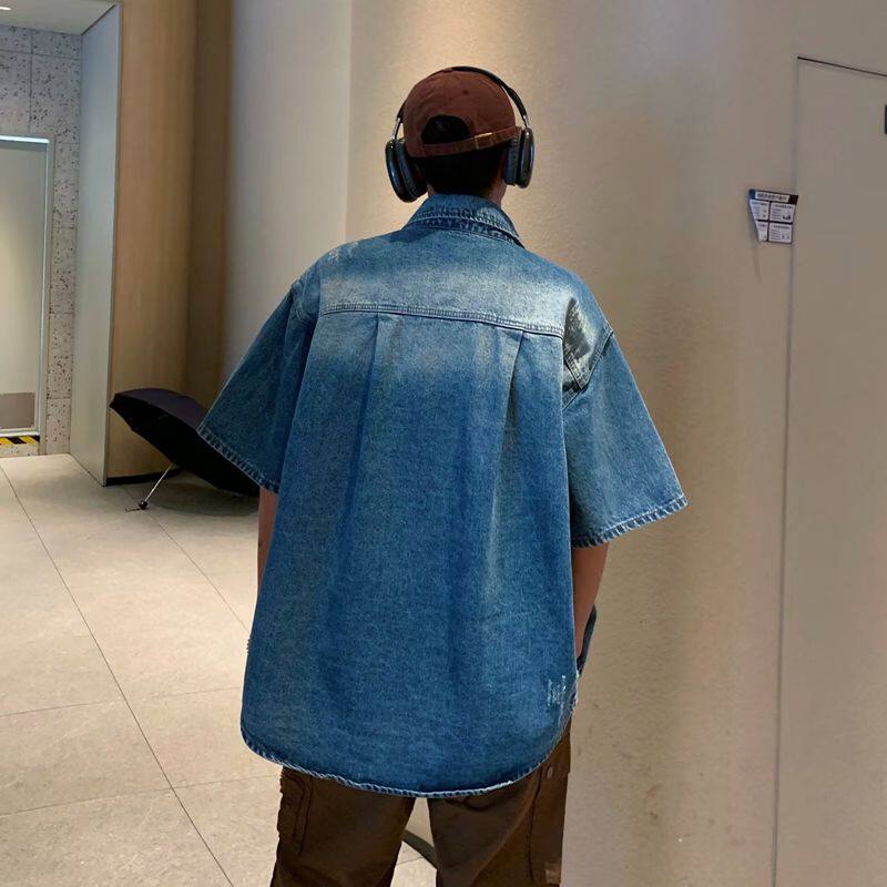 设计感毛边牛仔衬衫男高街潮牌新款翻领短袖潮流夏季ins男潮P53,男装T恤,星座410-6（原星座1304-1）