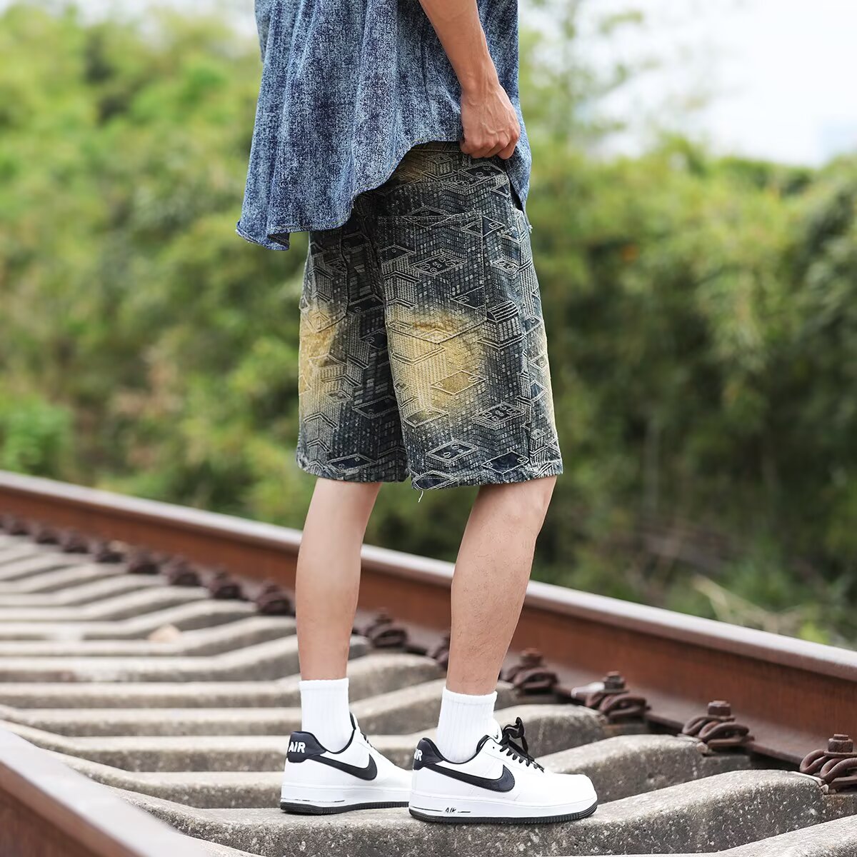 新款男士牛仔裤时尚百搭休闲提花5分裤子男宽松潮流帅气短裤P45,男装牛仔裤,星座410-6（原星座1304-1）