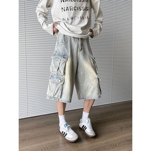美式复古水洗多口袋工装牛仔七分裤男女宽松显瘦阔腿休闲短裤P59图片