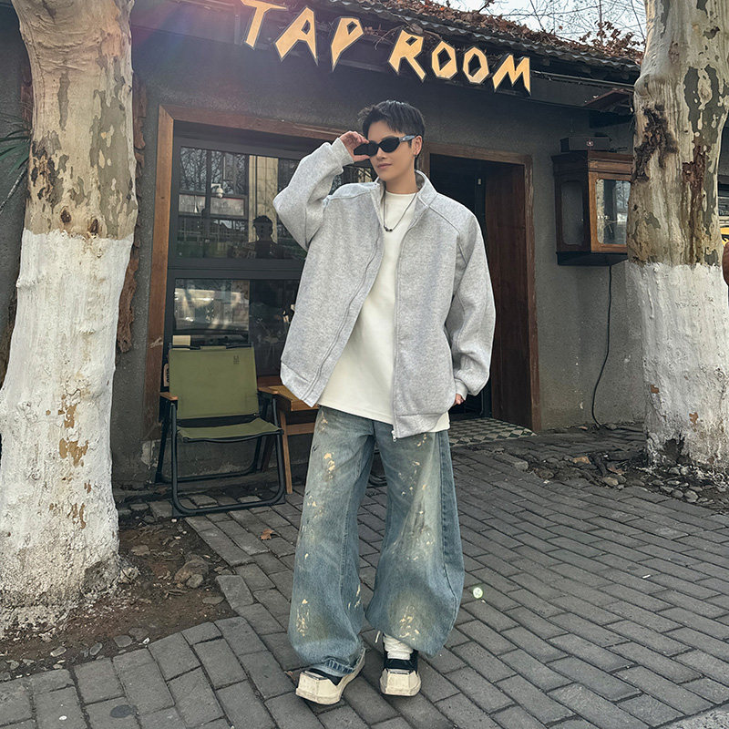 美式纯色立领开衫卫衣男春季宽松情侣运动外套夹克上衣P72,男装夹克,星座410-6（原星座1304-1）