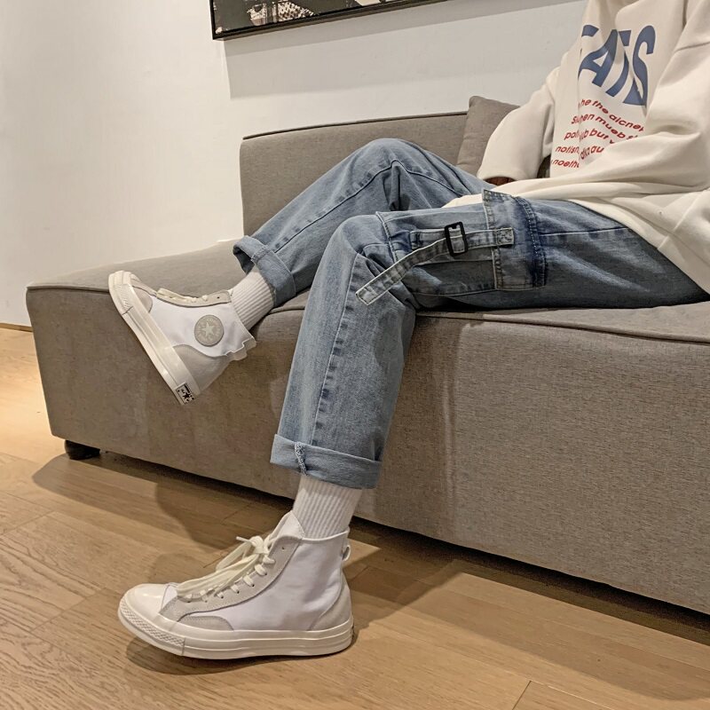 工装牛仔裤男潮牌宽松直筒春季韩版潮百搭阔腿休闲九分裤图片