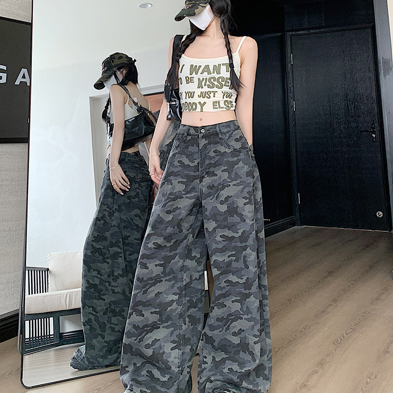 美式复古迷彩工装牛仔裤男女潮牌宽松直筒阔腿休闲长裤子P46,男装牛仔裤,星座410-6（原星座1304-1）
