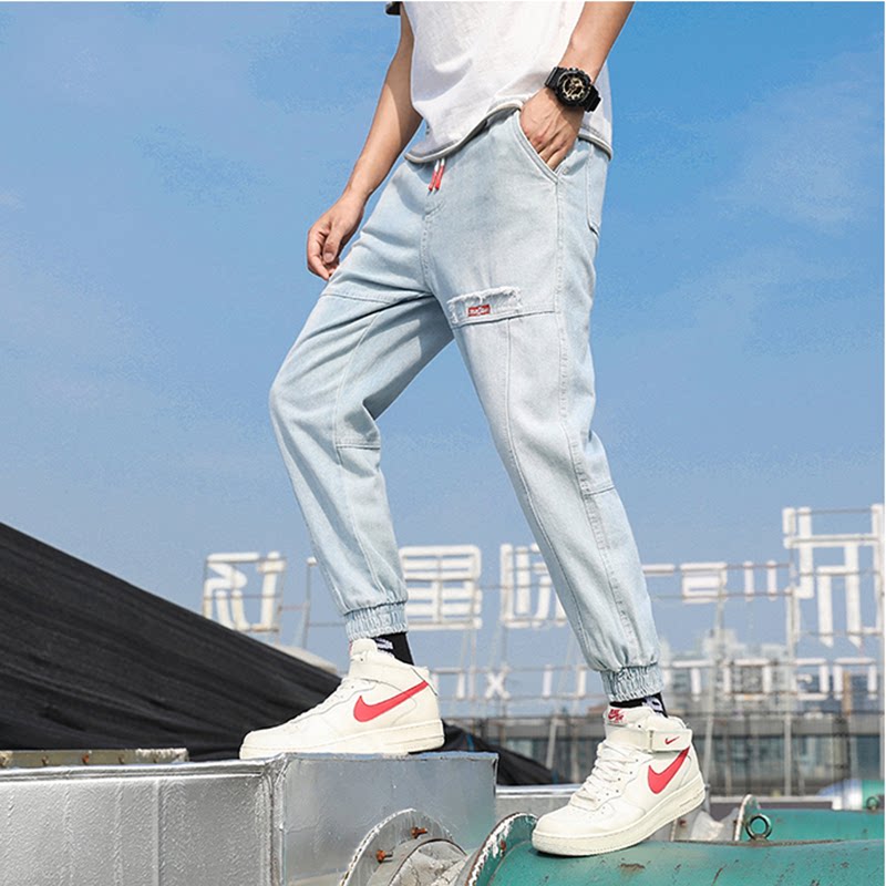 2021新款夏季港风九分裤大码宽松束脚裤多口袋工装牛仔裤P33图片