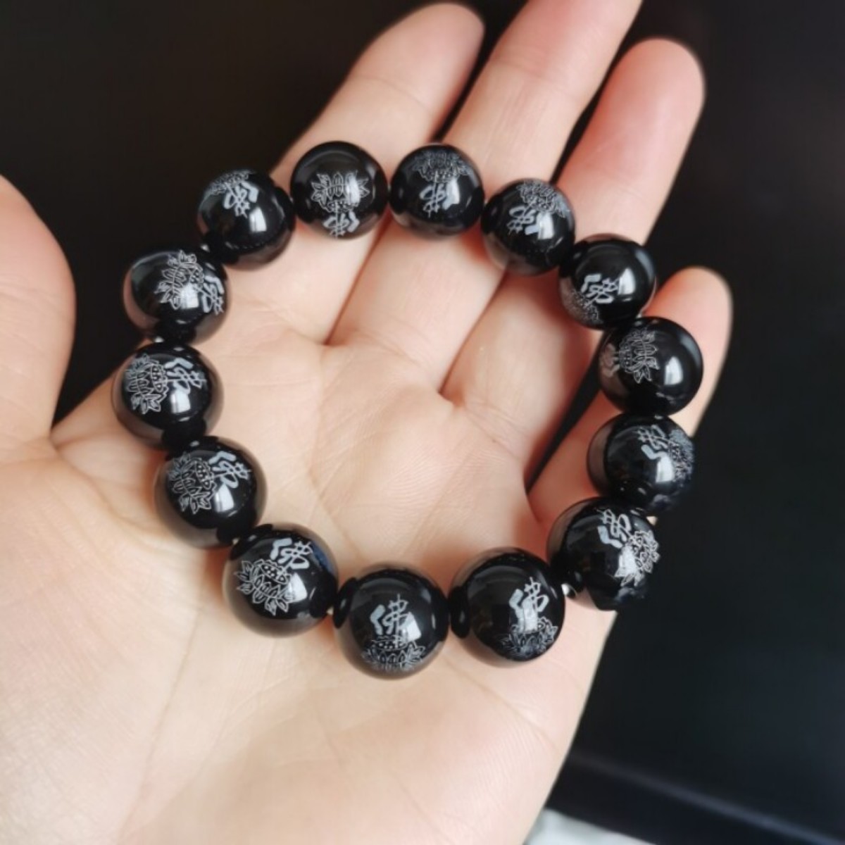天然红玛瑙莲花佛珠手串14mm圆珠手链男女情侣黑玛瑙玉髓手链