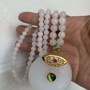 天然金丝玉白玉毛衣链项链玉石玉器女款平安扣镶嵌猫眼石玉坠直播