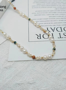 彩色天然石水晶锁骨链女珍珠