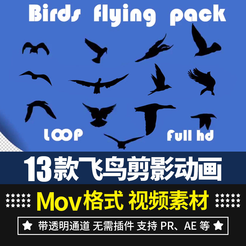pr/ae视频素材飞鸟剪影飞行动画alpha透明通道可循环后期剪辑合成