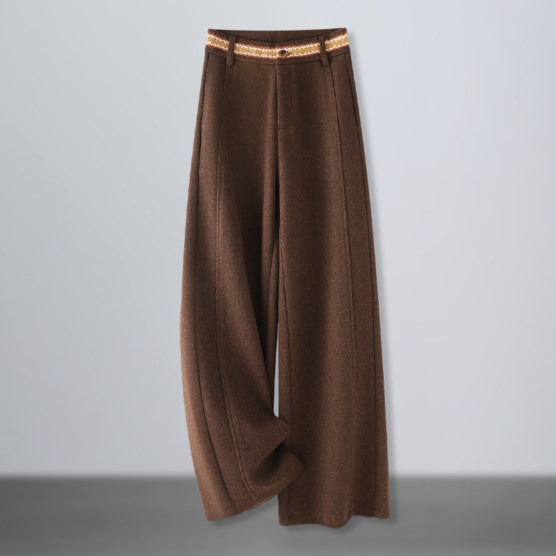 啄木鸟高级感咖色阔腿裤女秋冬慵懒风弯刀裤刺绣毛呢直筒裤