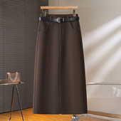啄木鸟咖色毛呢半身裙女秋冬季 高级感高腰显瘦后开叉A字直筒裙