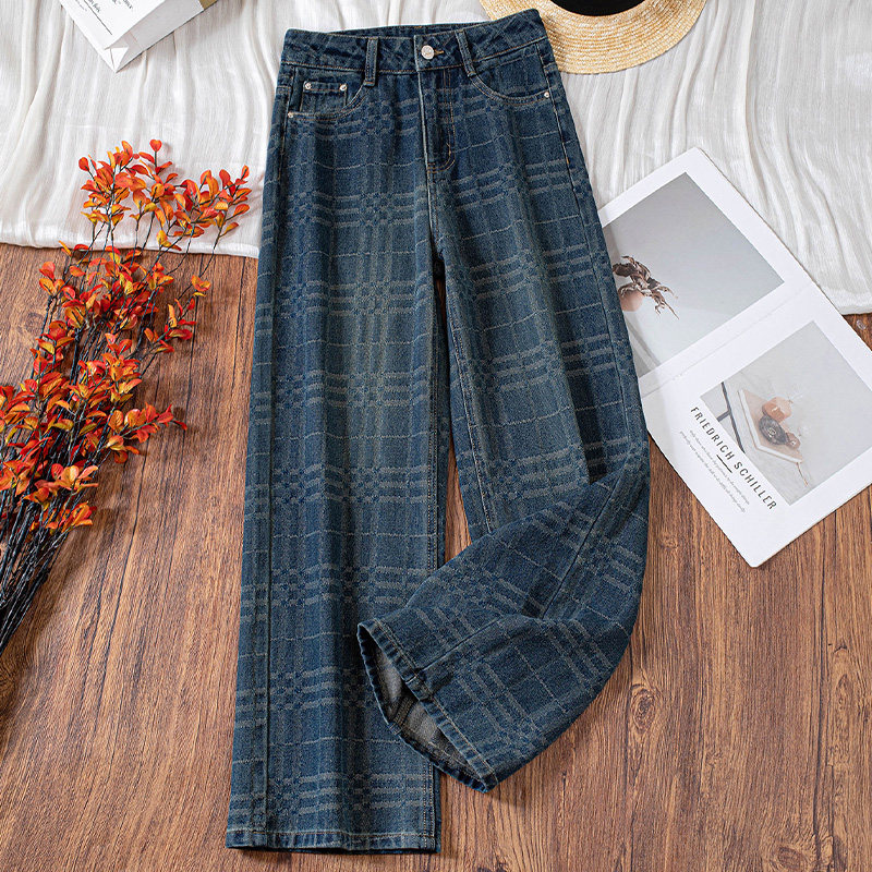 啄木鸟牛仔裤女2026春季新款复古蓝格纹阔腿牛仔窄版直筒长裤