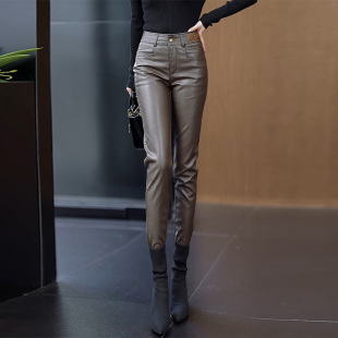 子 外穿紧身打底小脚裤 啄木鸟咖色皮裤 女秋冬高腰显瘦PU皮铅笔裤