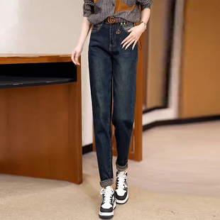 加绒复古休闲高腰哈伦裤 啄木鸟弹力小脚牛仔裤 韩版 新款 子 女秋冬季