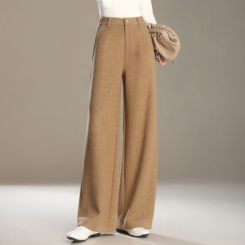 啄木鸟秋冬新款棕色毛呢阔腿裤高腰垂感气质宽松高级感拖地西装裤