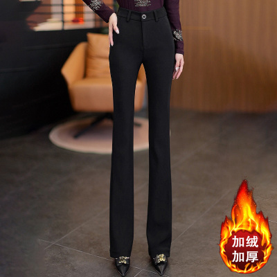 啄木鸟黑色裤子女秋冬时尚高腰加绒垂感喇叭裤休闲微喇裤西装裤