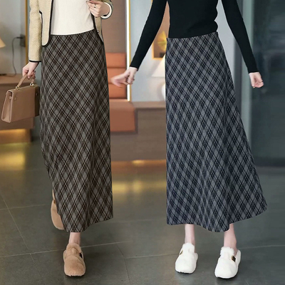 啄木鸟格子毛呢半身裙秋冬季中长款宽松显瘦遮胯大摆a字伞裙