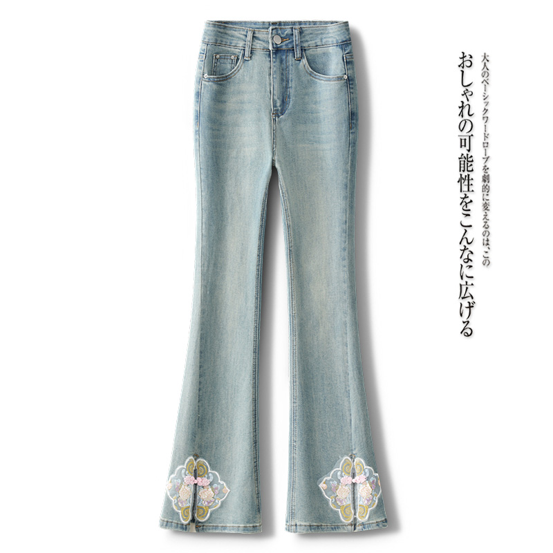 啄木鸟新中式微喇牛仔裤女秋冬季国风刺绣小个子浅色马蹄喇叭裤子