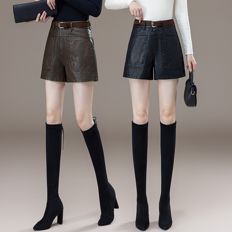 啄木鸟刺绣pu皮短裤女秋冬高级感显瘦a字阔腿裤外穿打底靴裤子