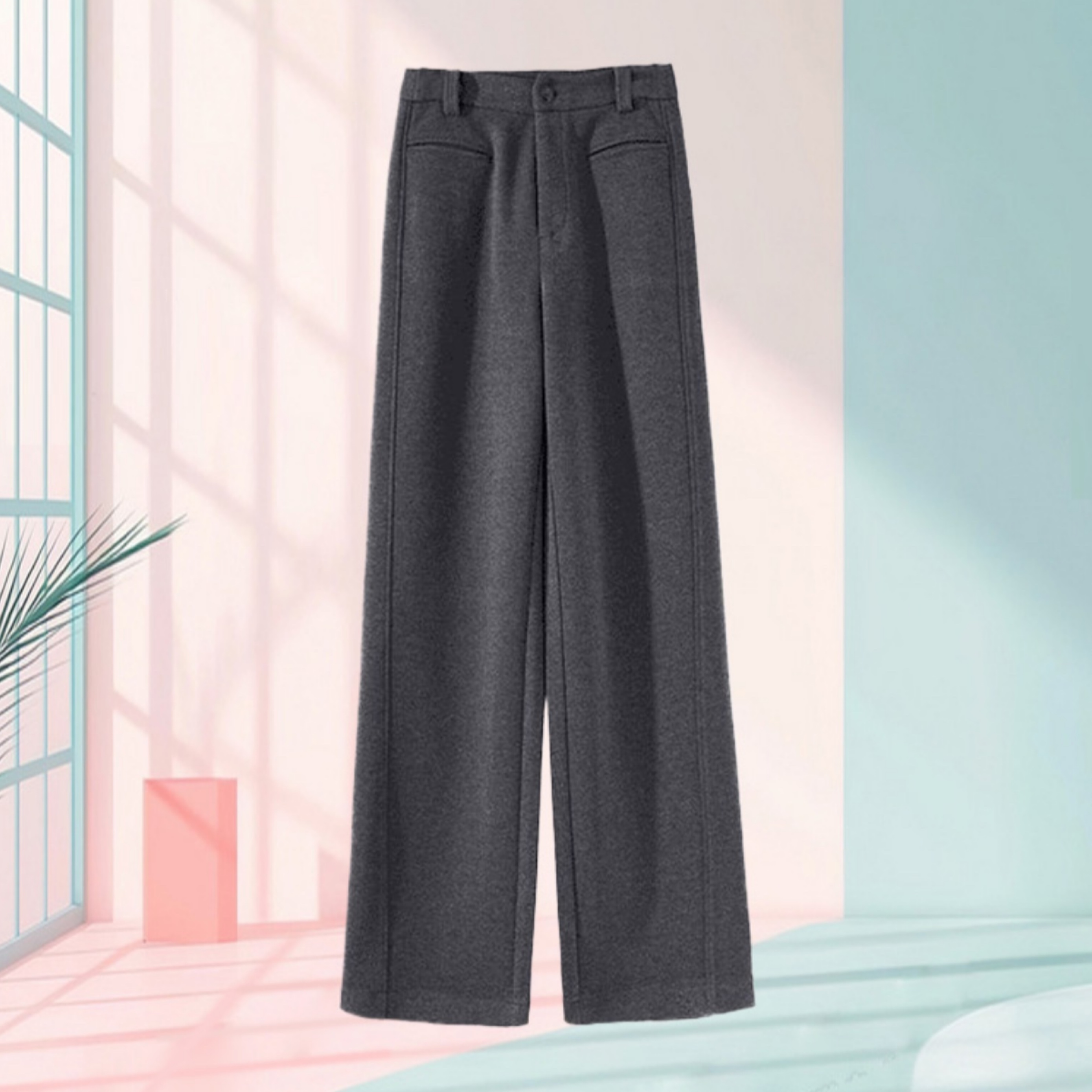 啄木鸟灰色毛呢阔腿裤女秋冬高腰窄版直筒裤显瘦加厚休闲裤