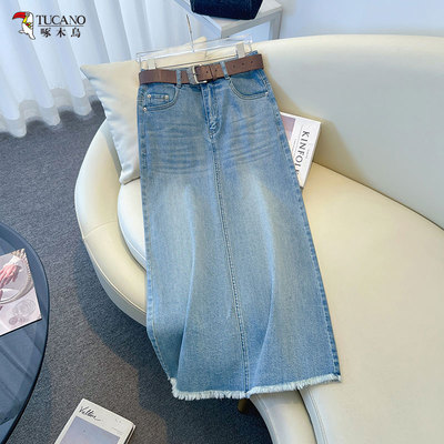 啄木鸟春夏季牛仔半身裙女高腰显瘦a字直筒裙薄款中长款包臀裙子