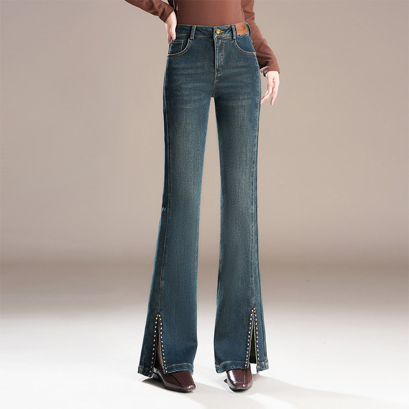 啄木鸟植绒磨毛微喇牛仔裤女2025秋冬新款高腰复古开叉喇叭裤