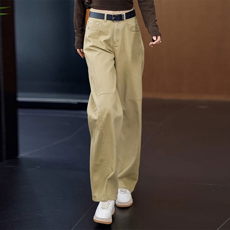 啄木鸟黄色弯刀直筒牛仔裤女春秋季爆款长裤子高腰宽松阔腿裤女