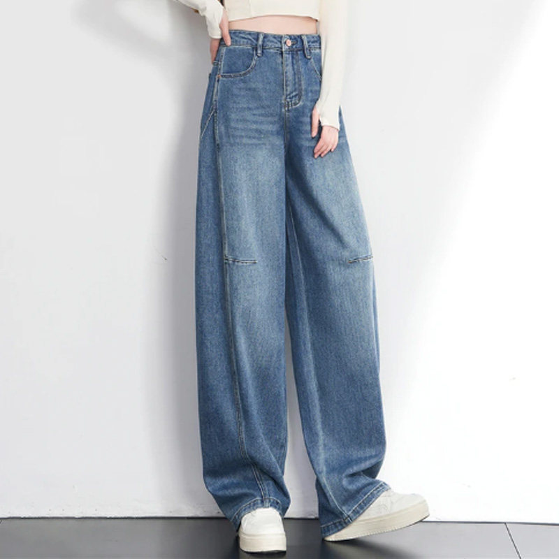 啄木鸟蓝色窄版牛仔弯刀裤女2025秋冬高腰宽松显瘦香蕉裤直筒裤