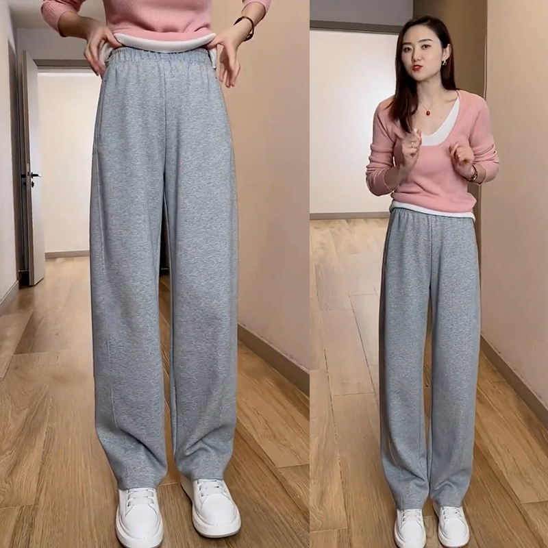 啄木鸟加绒阔腿运动裤女秋冬宽松直筒休闲小个子香蕉裤美式卫裤