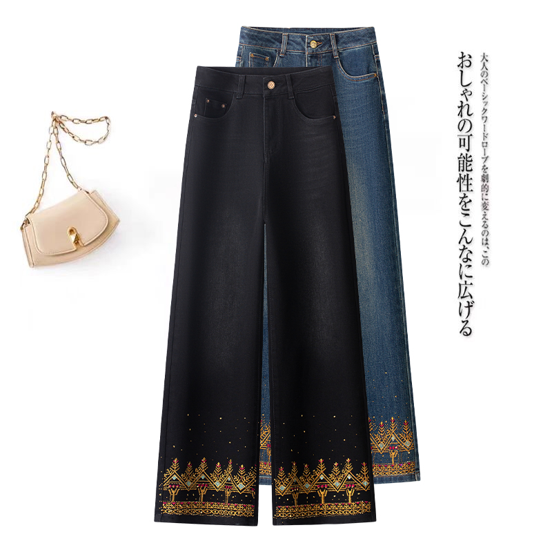 啄木鸟黑色刺绣阔腿牛仔裤女春秋时尚潮流高腰宽松窄版直筒裤子
