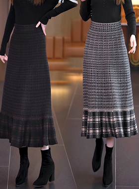 啄木鸟格子半身裙女春秋季针织裙高腰显瘦a字伞裙气质长裙大摆裙
