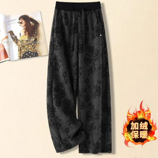 啄木鸟设计感复古冬季花纹加绒休闲裤女松紧腰垂顺显瘦直筒裤长裤