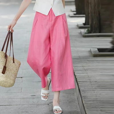 啄木鸟八分裤女夏季薄款粉色裤子七分凉凉中裤直筒冰丝麻料阔腿裤