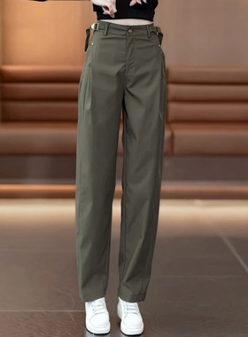 啄木鸟军绿色时尚百搭弯刀工装裤女秋冬加绒显瘦宽松阔腿休闲裤