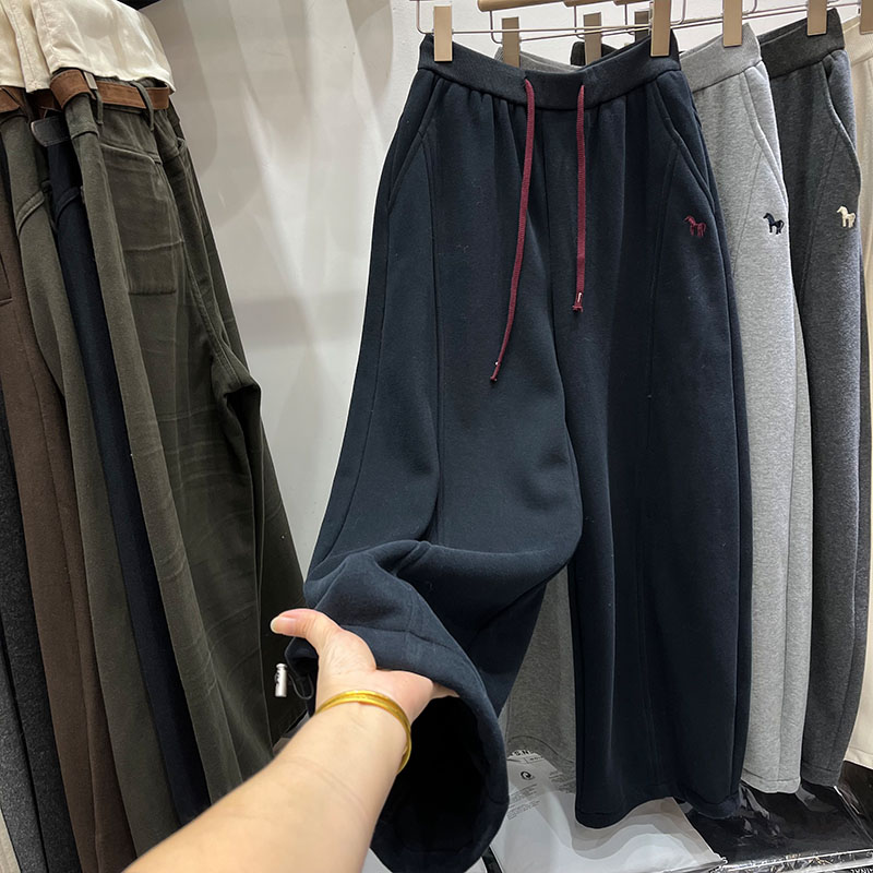 啄木鸟弯刀裤女新款秋冬刺绣高腰抽绳深灰色阔腿卫裤运动休闲裤