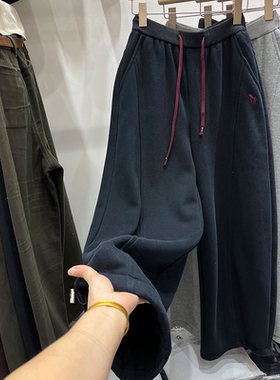 啄木鸟弯刀裤女新款秋冬刺绣高腰抽绳深灰色阔腿卫裤运动休闲裤