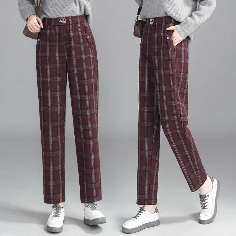 啄木鸟格子哈伦裤女小个子秋冬加绒高腰休闲裤高端窄版直筒小脚裤,女装/女士精品,休闲裤,淘宝优惠券,粉丝福利购,淘宝优惠卷