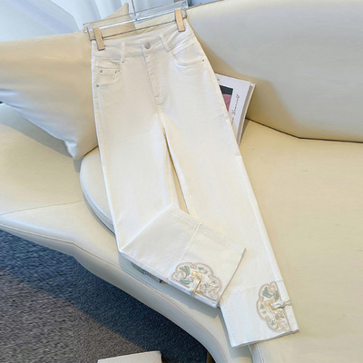 啄木鸟新中式窄版刺绣九分直筒牛仔裤女春夏薄款高腰显瘦烟管裤子