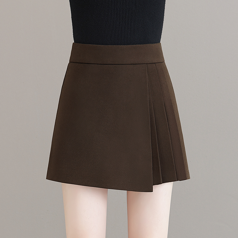啄木鸟毛呢短裤女秋冬季高腰显瘦a字休闲假两件裤裙外穿裙裤