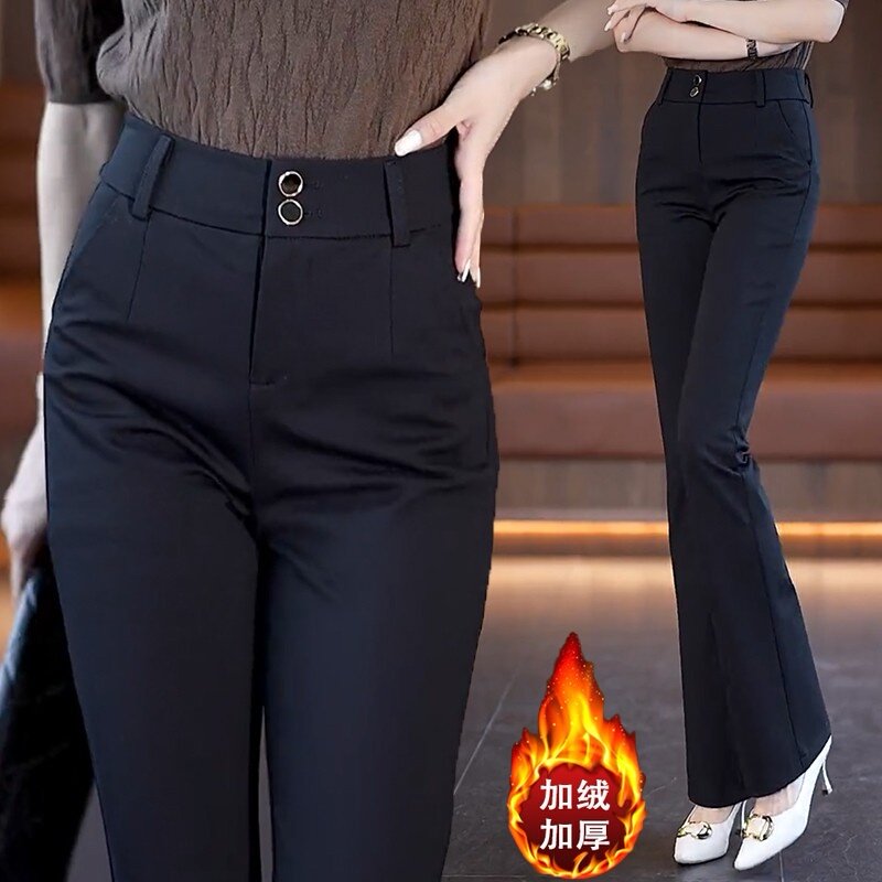 啄木鸟秋冬新款加绒百搭休闲微喇裤女高腰显瘦修身长裤西装喇叭裤
