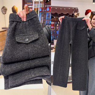 啄木鸟九分弯刀裤女秋冬新款高腰加绒加厚窄版小个子毛呢糯米裤