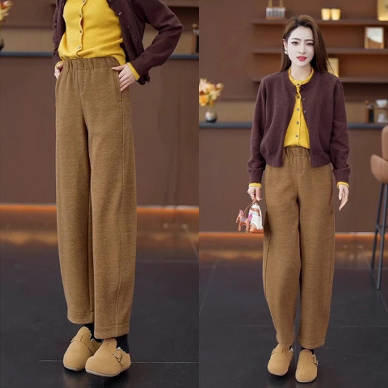 啄木鸟羊毛弯刀阔腿裤女秋冬季高腰垂感毛呢窄版直筒加绒卫裤子