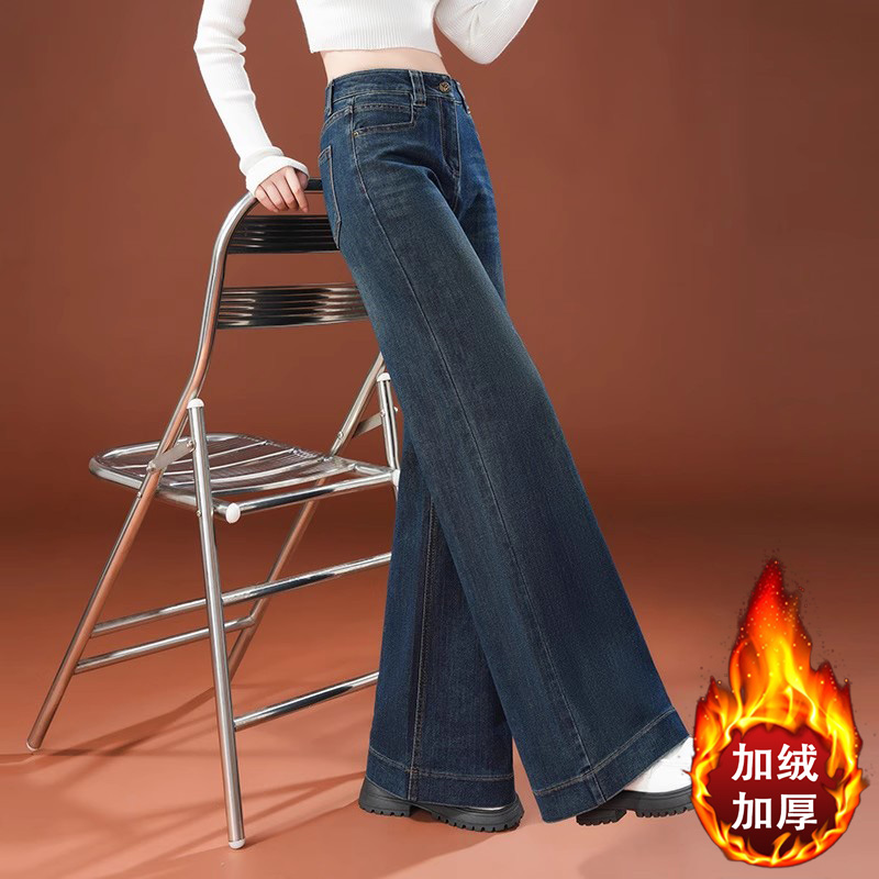 啄木鸟复古蓝阔腿牛仔裤女高腰秋冬季宽松九分女裤百搭加绒直筒裤