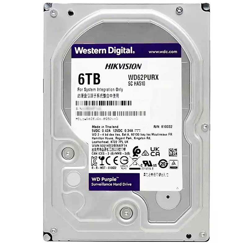 西部数据/WD 监控紫盘 WD62PURX 6TB SATA 3.5机械盘 海康大华