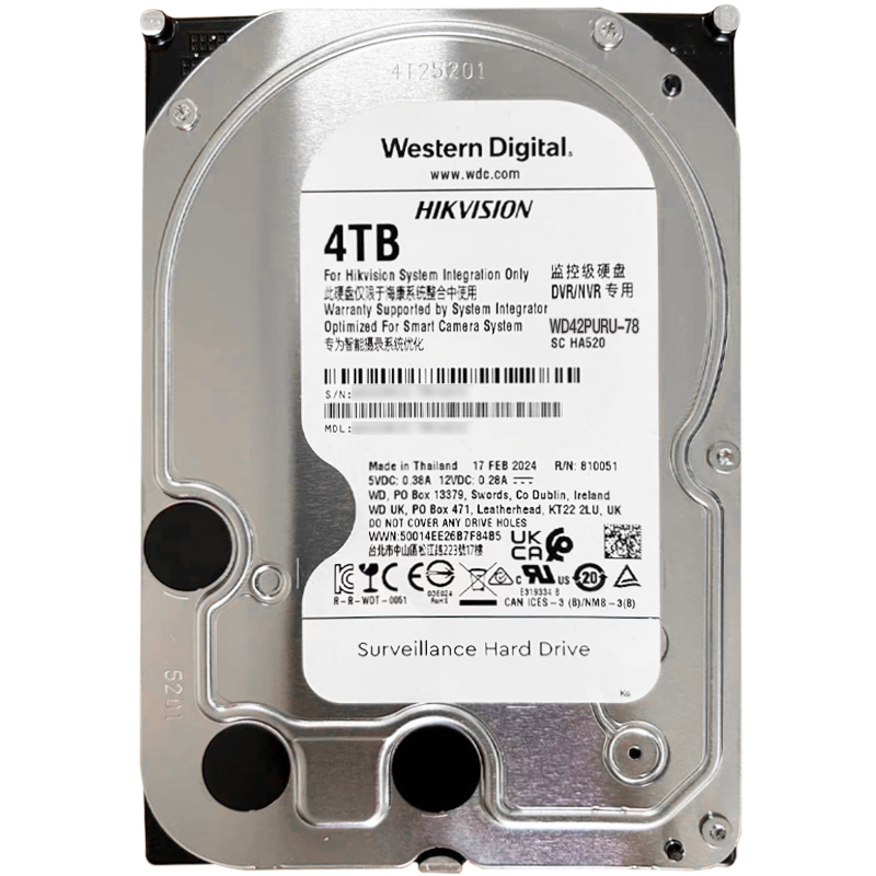 HIKVISION海康威视监控硬盘4TB西数紫盘SATA 3.5英寸WD42PURU行盘