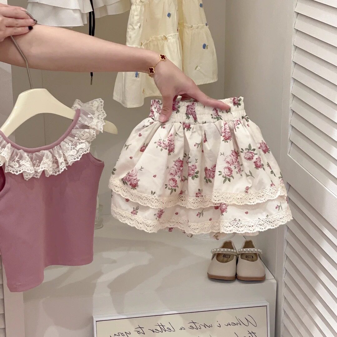 女童碎花套装新款夏季儿童女宝宝蕾丝花边小背心半身裙两件套
