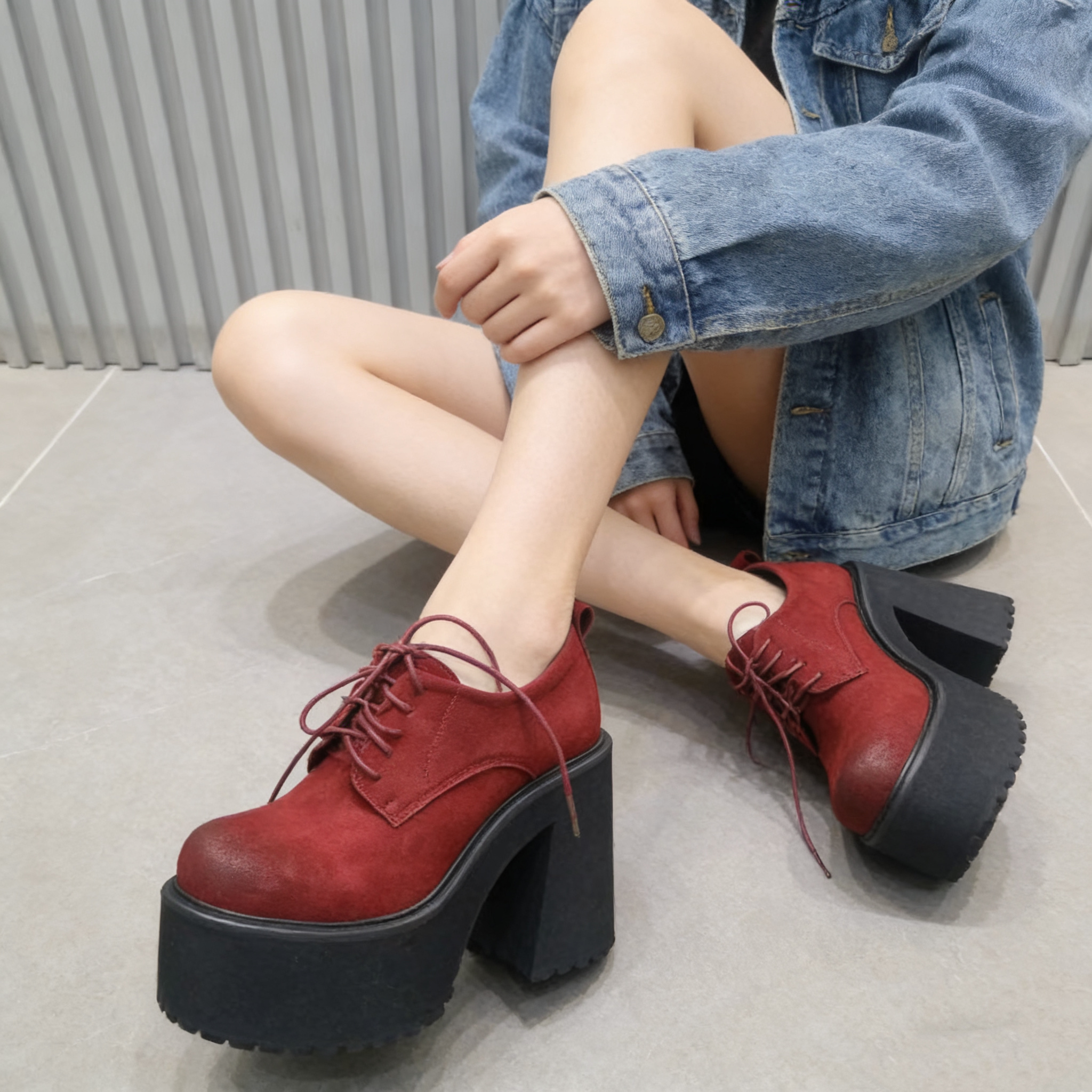 真皮反毛皮复古风红色系带粗跟短靴女防水台厚底高跟靴小个子增高