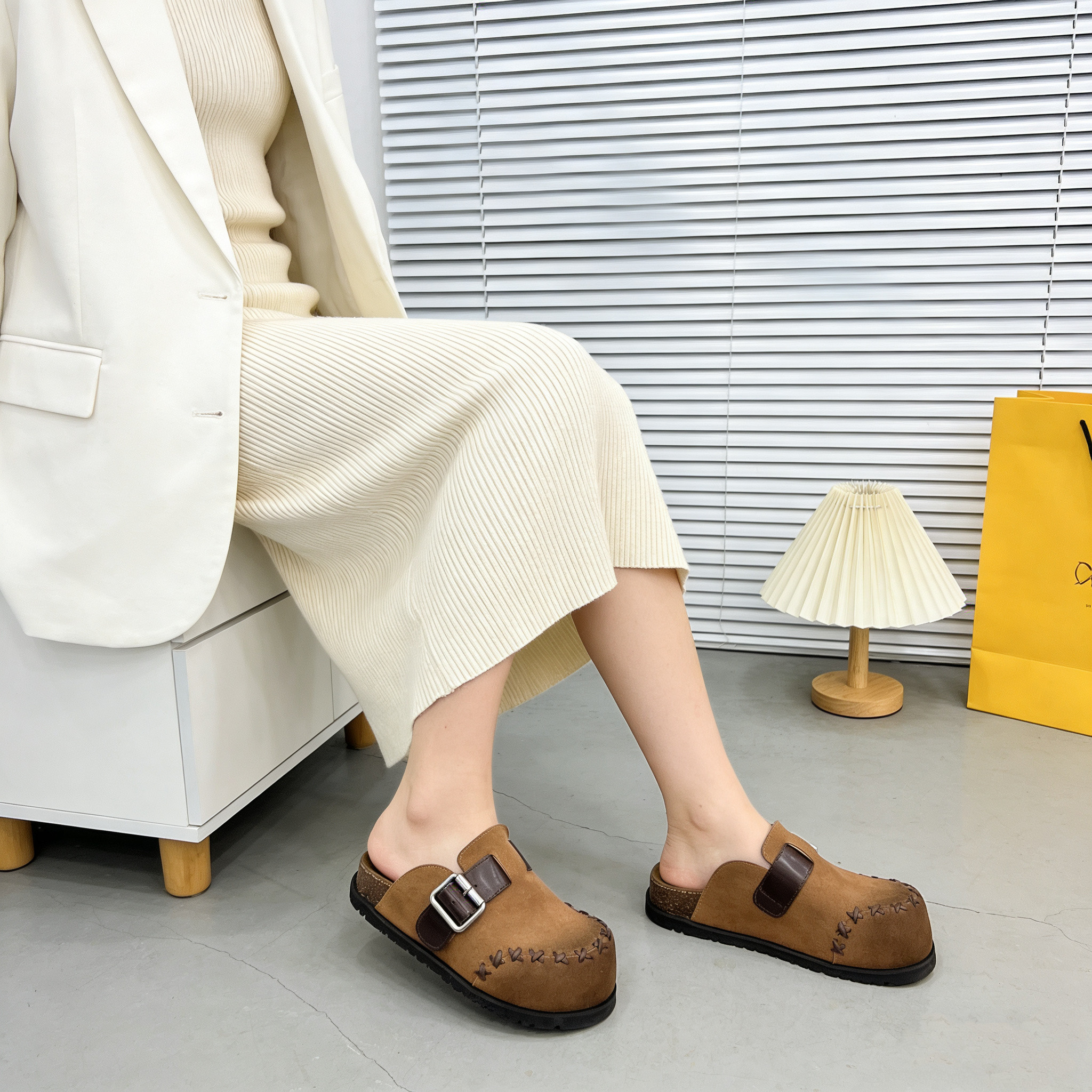 牛皮磨砂松糕厚底大头勃肯鞋女复古真皮增高一脚蹬懒人包头半拖鞋