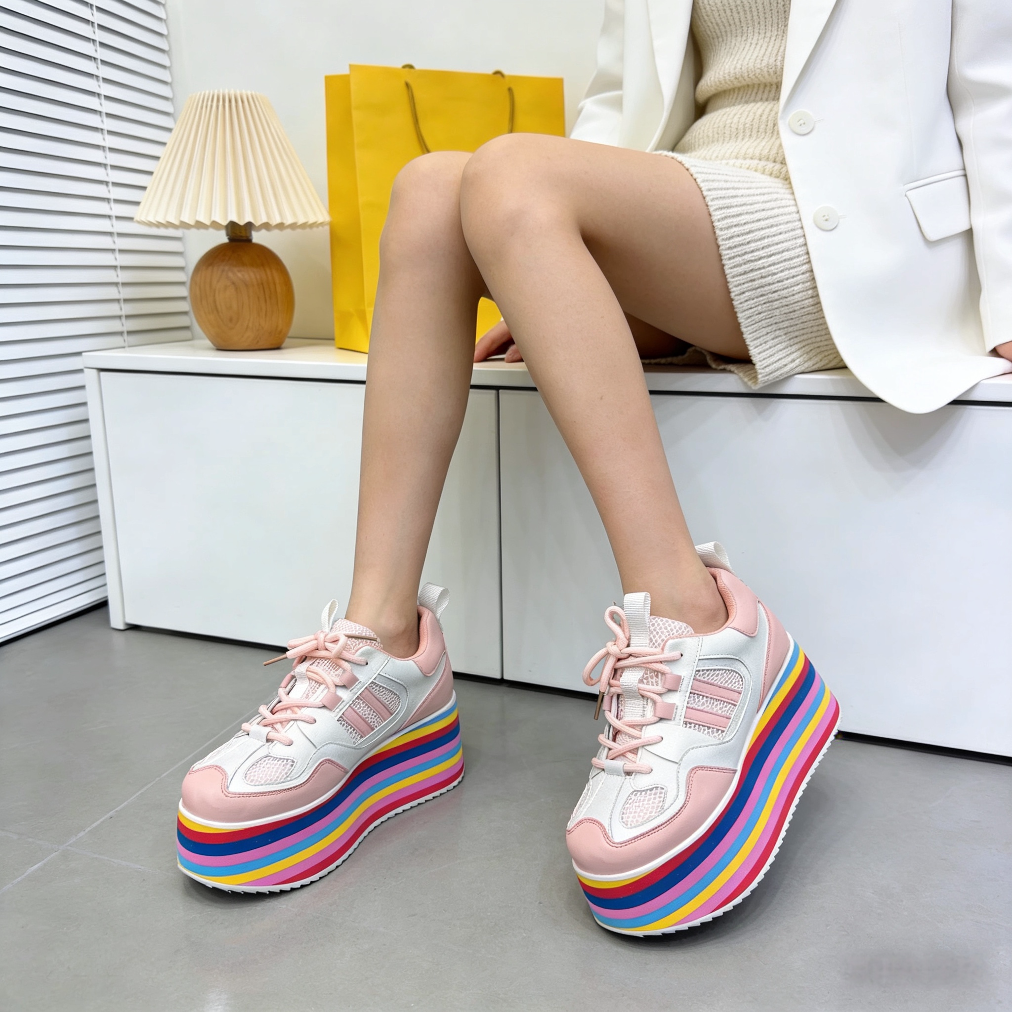 欧货真皮系带彩虹厚底松糕鞋女百搭小个子增高8cm运动休闲板鞋潮