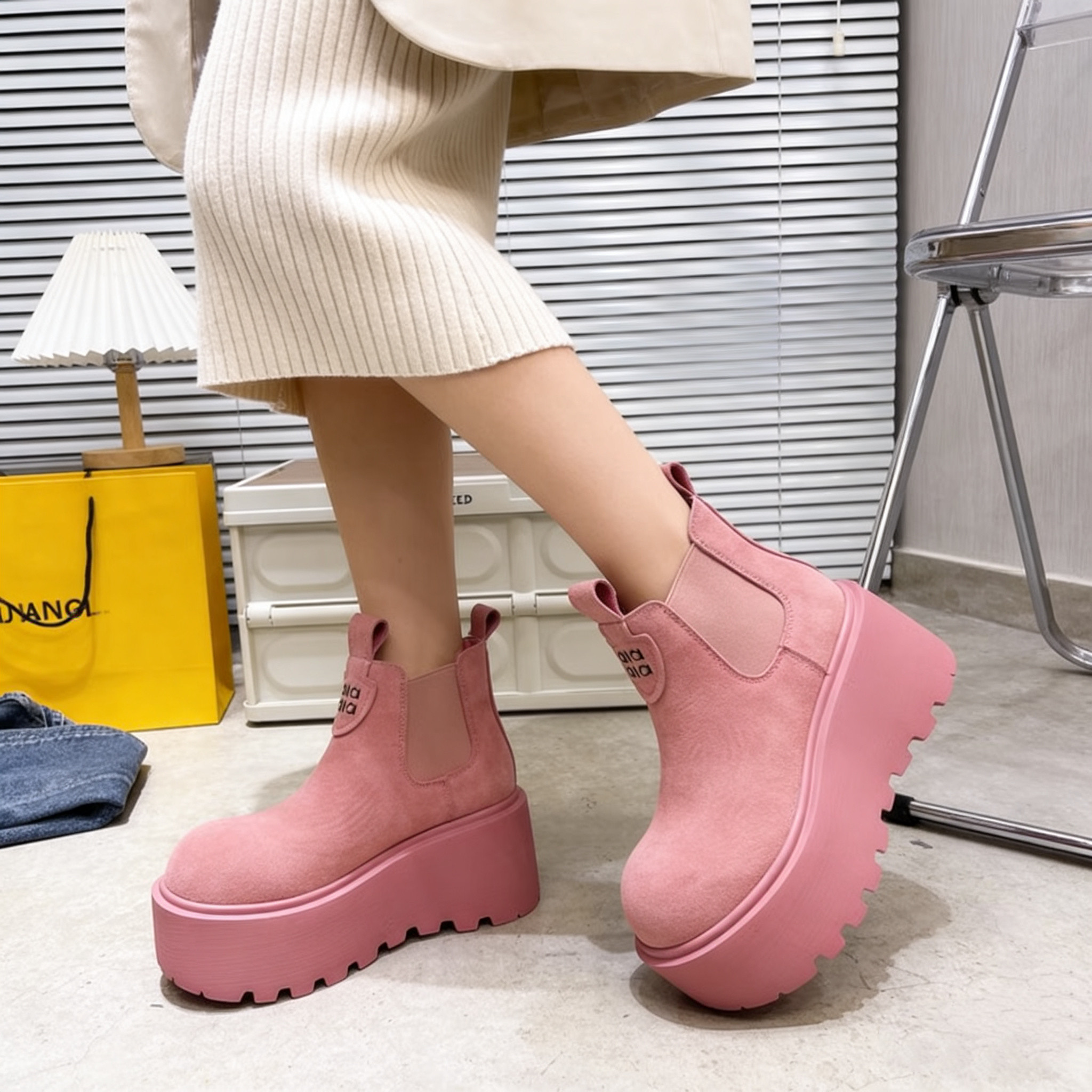 磨砂真皮欧货糖果色芒果大头厚底松糕马丁靴机车靴短靴小个子女鞋